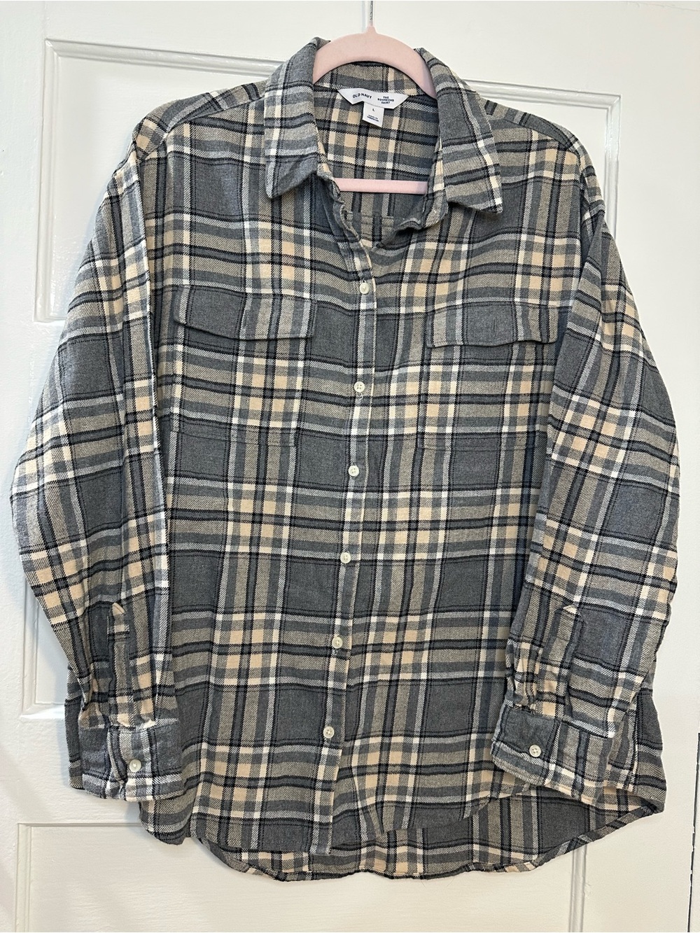 Women’s Old Navy The Boyfriend Shirt 100% Cotton Gray Plaid Flannel Long Sleeve